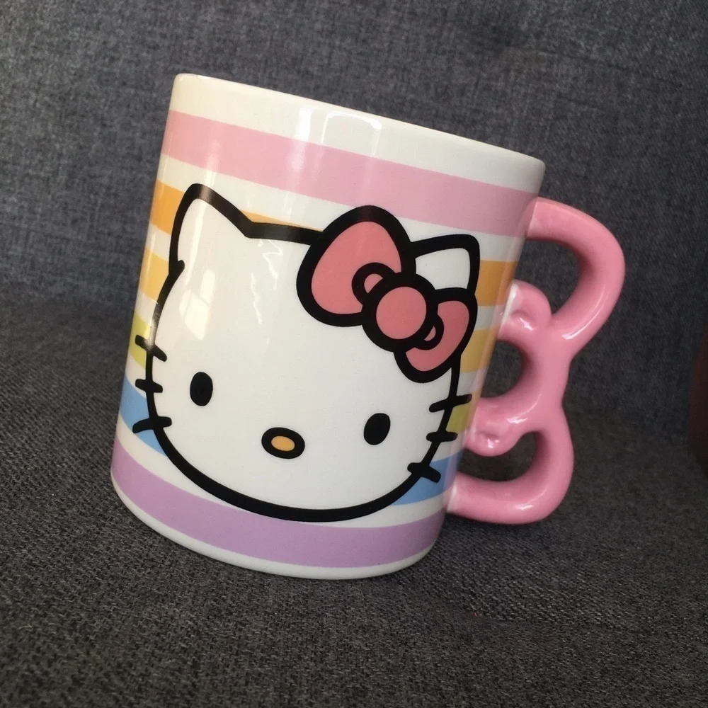 Hello Kitty Pastel Stripe, Bow Handle Coffee Mug, White, Pink, 20 oz